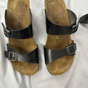Black Leather Wedge Sandals with Buckles